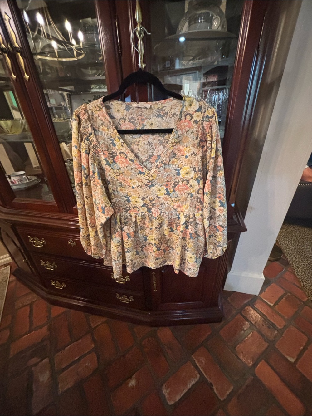 Entry Floral V-Neck Peplum Blouse in Multi-Color - Women's Top